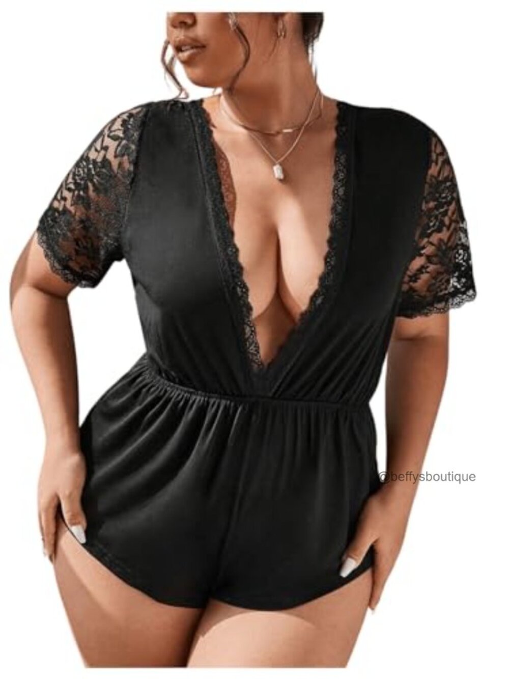 Plus Size One Piece Pajamas Deep V Neck Contrast Lace Short Sleeve Tie Back